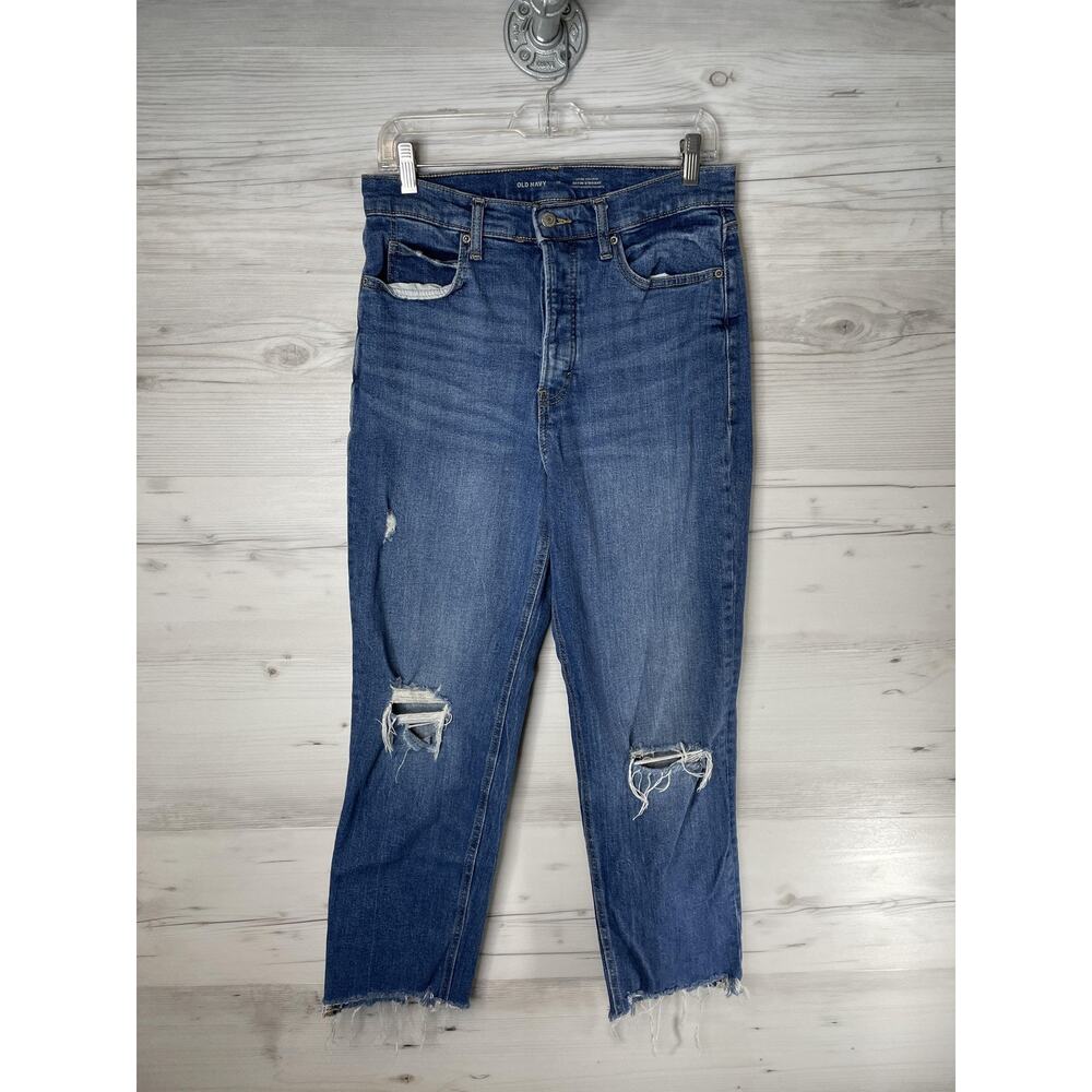 Old Navy Womens 10 Blue Sky-Hi Straight Extra High Rise Distressed Jeans Distroy - Picture 1 of 13